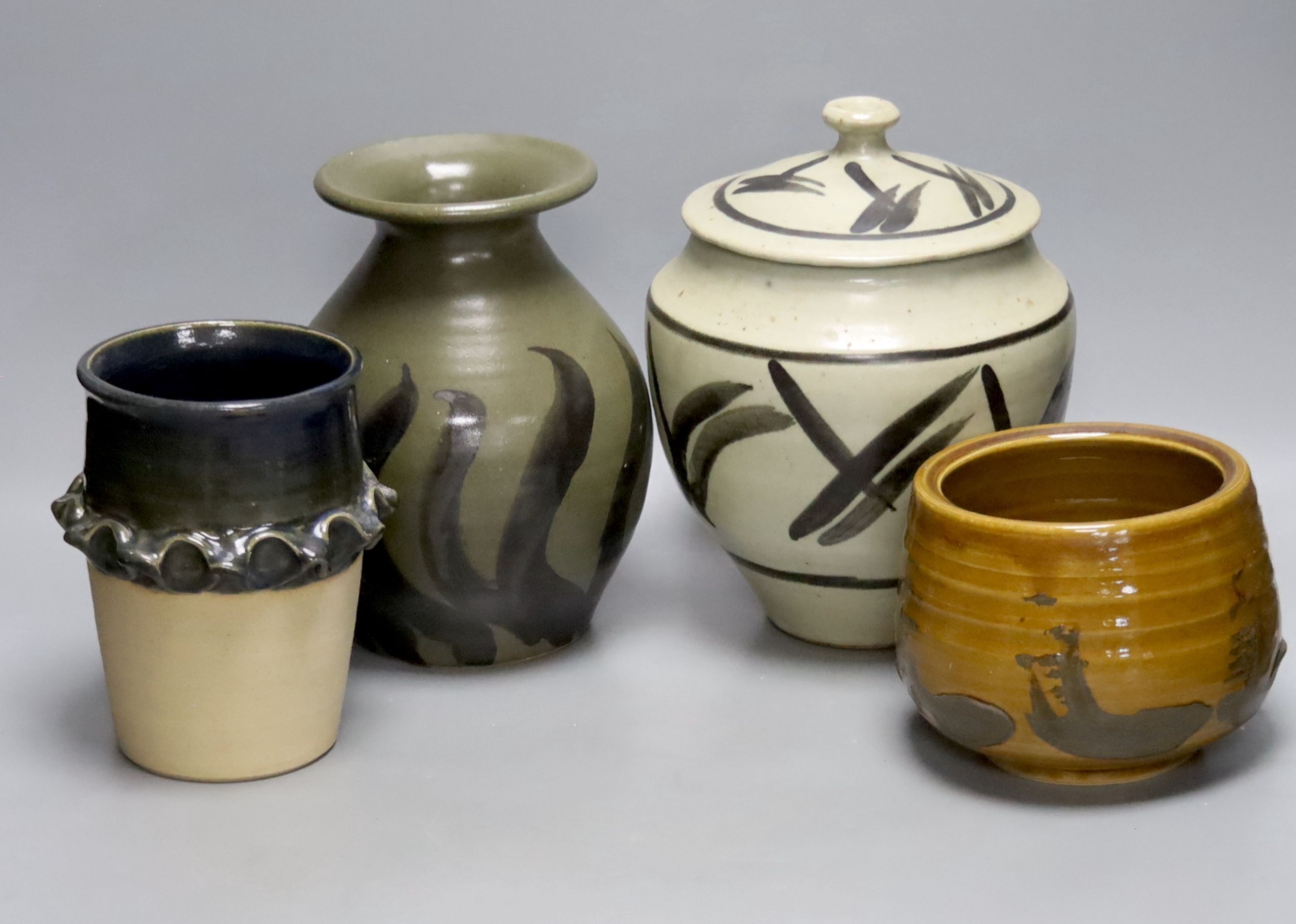 Andrew Rudebeck. A pottery jar and cover, 22cm and three Studio pottery vases